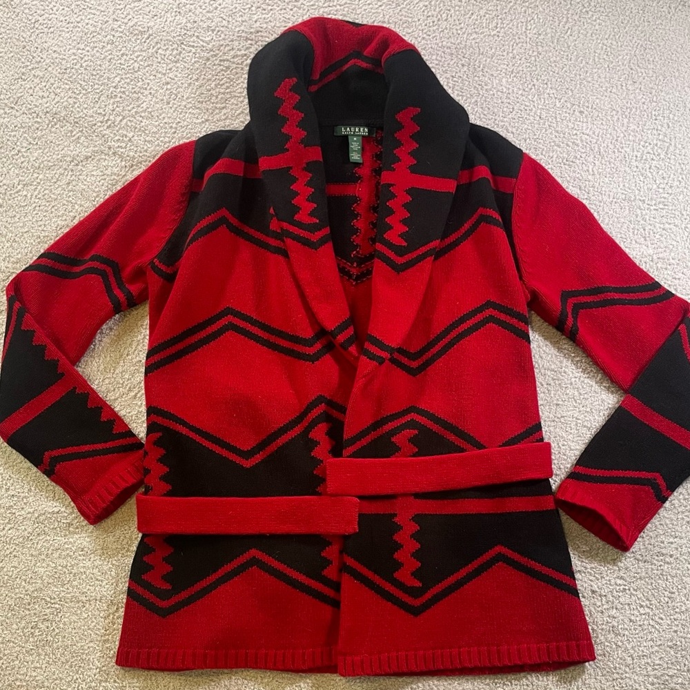 RALPH LAUREN Womens Size Med 100% Lambswool Belted Cardigan Sweater Aztec Navajo